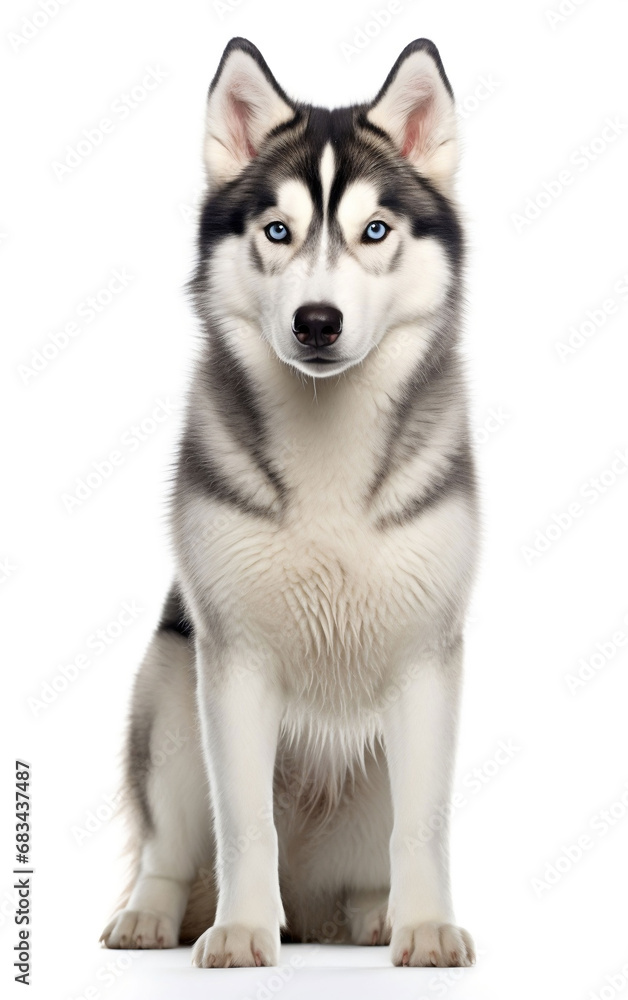 Siberian Husky dog sitting at the camera in front isolated of white background