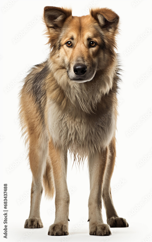 West Siberian Laika standing and looking at the camera in front isolated of white backgroun