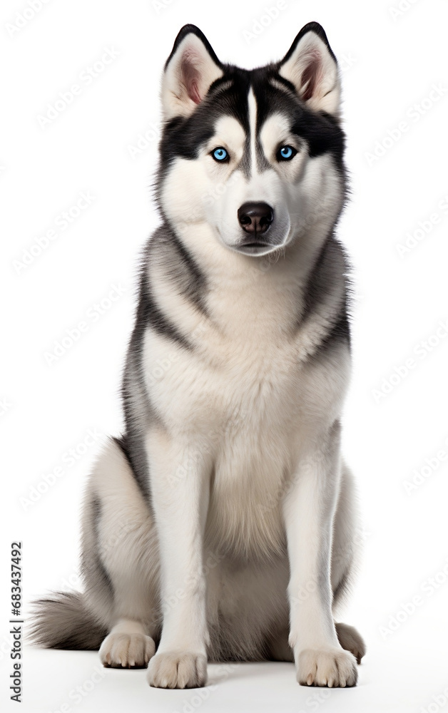 Siberian Husky dog sitting at the camera in front isolated of white background