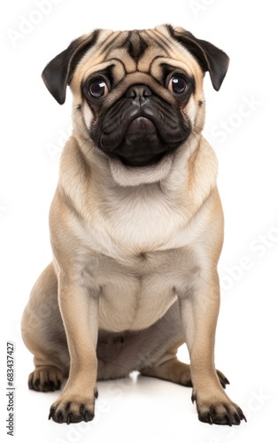 Pug dog sitting and looking at the camera in front isolated of a white background