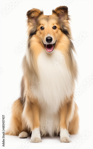 Shetland Sheepdog sitting and looking at the camera in front isolated of a white background