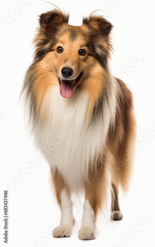 Shetland Sheepdog standing and looking at the camera in front isolated of a white background