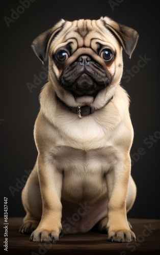 Side view of a Pug dog sitting and looking at the camera in front isolated of black background