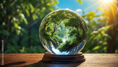 "Crystal sphere nestled in a forest setting - symbolizing environmental concepts."