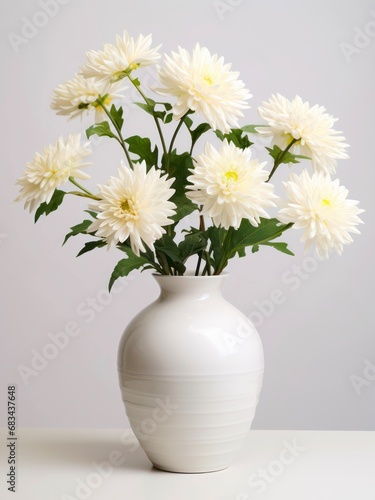 Bouquet of white chrysanthemum flowers in a vase on gray background.