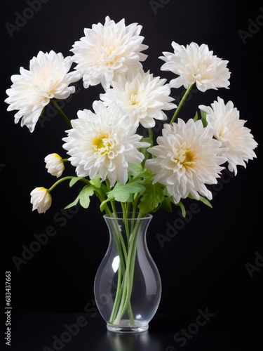 Bouquet of white chrysanthemum flowers in a glass vase on black background. © Hanna