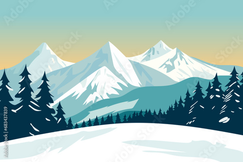 Winter day in the mountains. A simple beautiful winter landscape with beautiful mountains, forest, blue sky and large snowdrifts. View of big mountains. photo