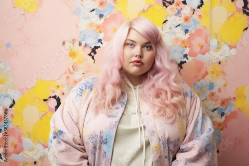 Excited plus size woman with pink hair on colorful background. Beautiful oversize girl wearing in fashion casual clothes. Body positive and diversity concept 