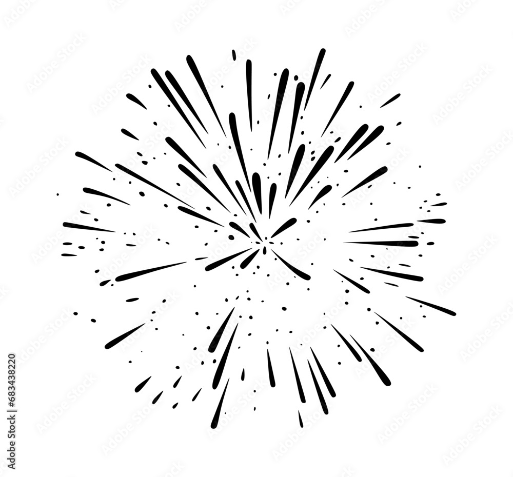 Hand drawn vector fireworks icon. Exploding fireworks isolated on white background. Festive fireworks for holiday and celebration. Minimal graphic element for decoration. vector illustration Hand drawn vector fireworks icon. Exploding fireworks isolated on white background. Festive fireworks for holiday and celebration. Minimal graphic element for decoration. vector illustration