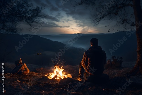 a man sitting near a campfire taking warmth at cold winters night