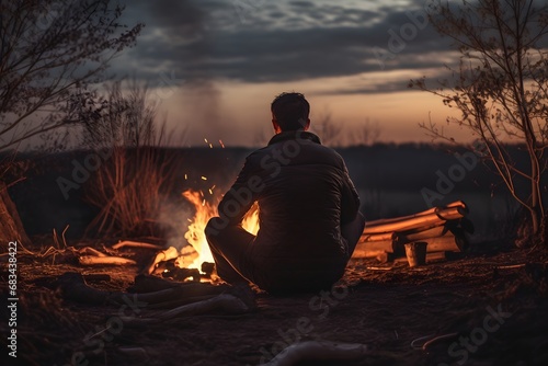 a man sitting near a campfire taking warmth at cold winters night