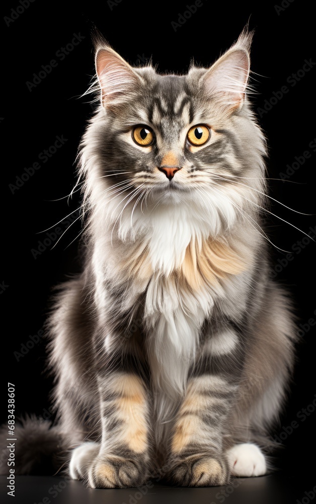 American Curl cat sitting and looking at the camera in front isolated of black background