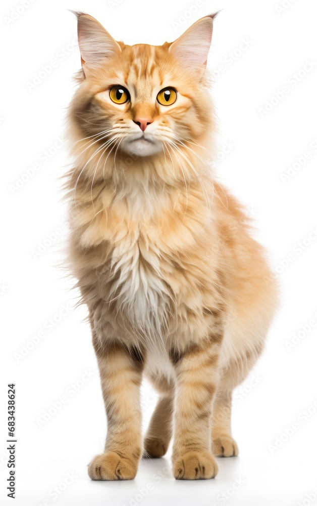 Orange American Curl cat sitting at the camera in front isolated of white background