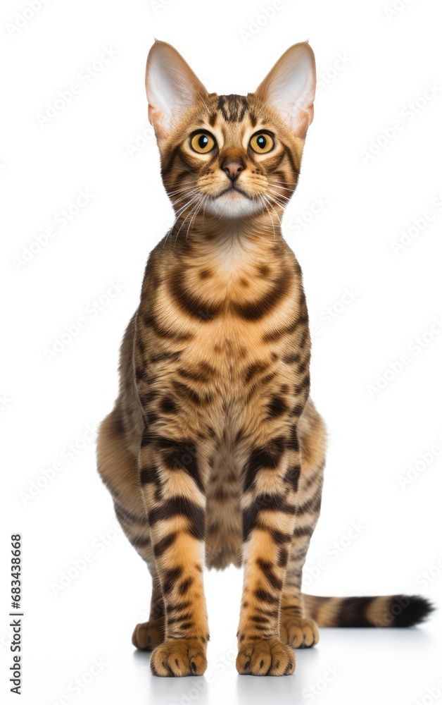 Bengal Cat sitting and looking at the camera in front isolated of a white background Bengal Cat sitting and looking at the camera in front isolated of a white background