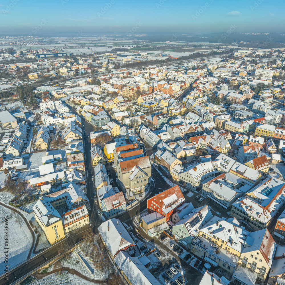 Winter in Gunzenhausen im Fränkischen Seenland, Blick auf die westliche Stadt um die Bahnhofstraße