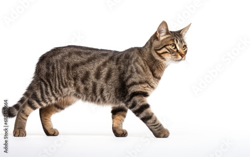 American Short Hair Cat walking at the camera in front isolated of white background