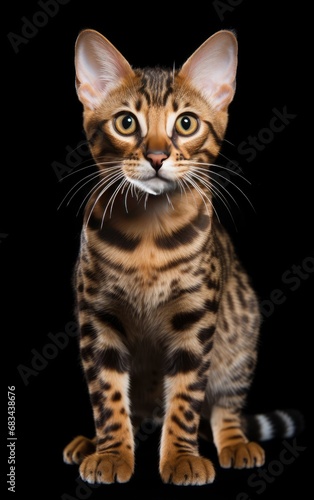 Bengal Cat sitting and looking at the camera in front isolated of a black background