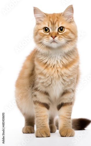 Munchkin Fluffy Cat sitting and looking at the camera in front isolated of white background