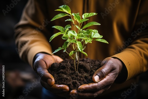 photograph of hands with a green plant growing. tree planting. ecology and environment generated with ia