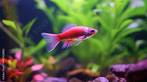 A Cherry Barb swimming gracefully in a lush, densely planted aquarium, showcasing its vibrant colors and natural habitat.