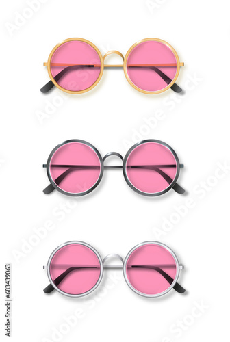 Pink Round Golden, Silver and black frame glasses set isolated, Transparent Sunglasses Accessory. Optics lens vintage Trendy Glasses. Vector