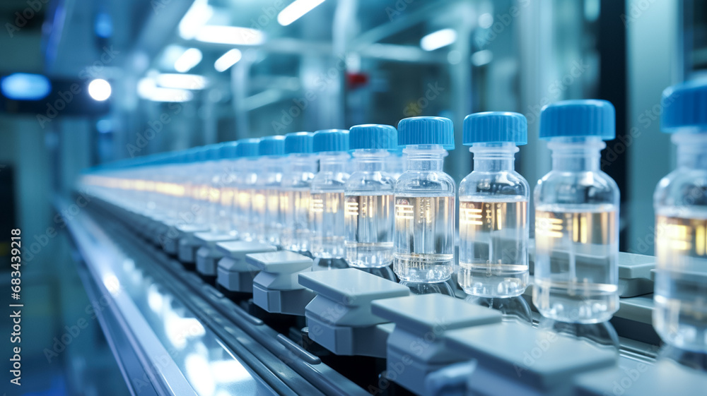 Medical vials on production line at pharmaceutical factory. Pharmaceutical machine working pharmaceutical glass bottles production line.
Medical vials on production line at pharmaceutical factory. Pharmaceutical machine working pharmaceutical glass bottles production line.