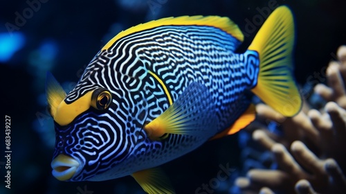 A close-up of a Blue Jaw Triggerfish (Xanthichthys auromarginatus) showcasing its striking blue and yellow colors and intricate patterns.