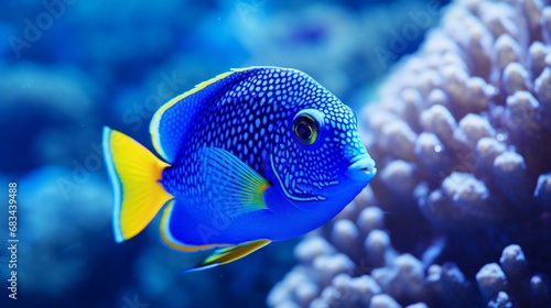 A close-up of a Blue Tang's vibrant blue scales shimmering in crystal clear waters in