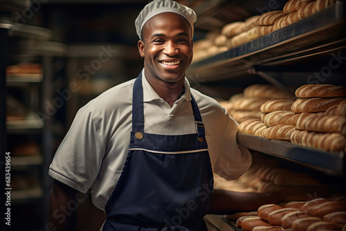 Baker in a bakery shop, pastry cafe, restaurant in the morning, wearing a chef's hat and uniform. Happy smiles with baked goods, fresh bread, cake and sweets in the store kitchen. photo