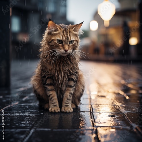 Sad, lonely abandoned homeless cat sits on a city street in the rain, in the evening