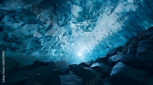 stunning image of an ice cave with light filtering through the translucent blue ice, showing intricate patterns above a rocky ground