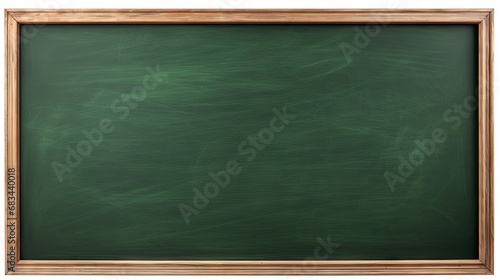 wooden frame, chalk empty green board with chalk traces background.