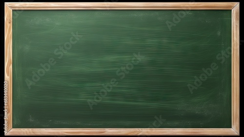 wooden frame, chalk empty green board with chalk traces background.