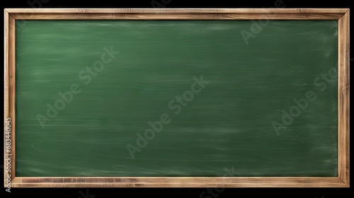 wooden frame, chalk empty green board with chalk traces background.