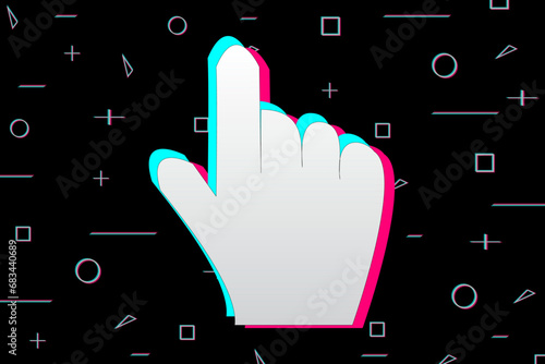 Popular background with a hand and finger pointer. Social networks and media. Pointer, cursor. Vector illustration