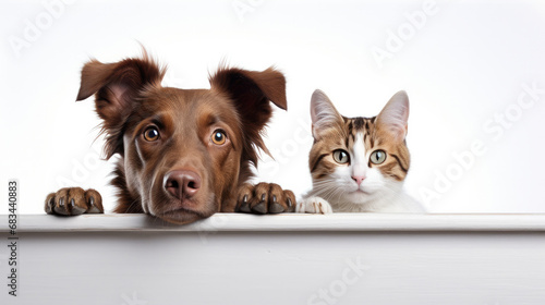 A dog and a cat look out over a white board or fence against a white background. Poster mockup for a veterinary clinic or pet store. Free space for product placement or advertising text.