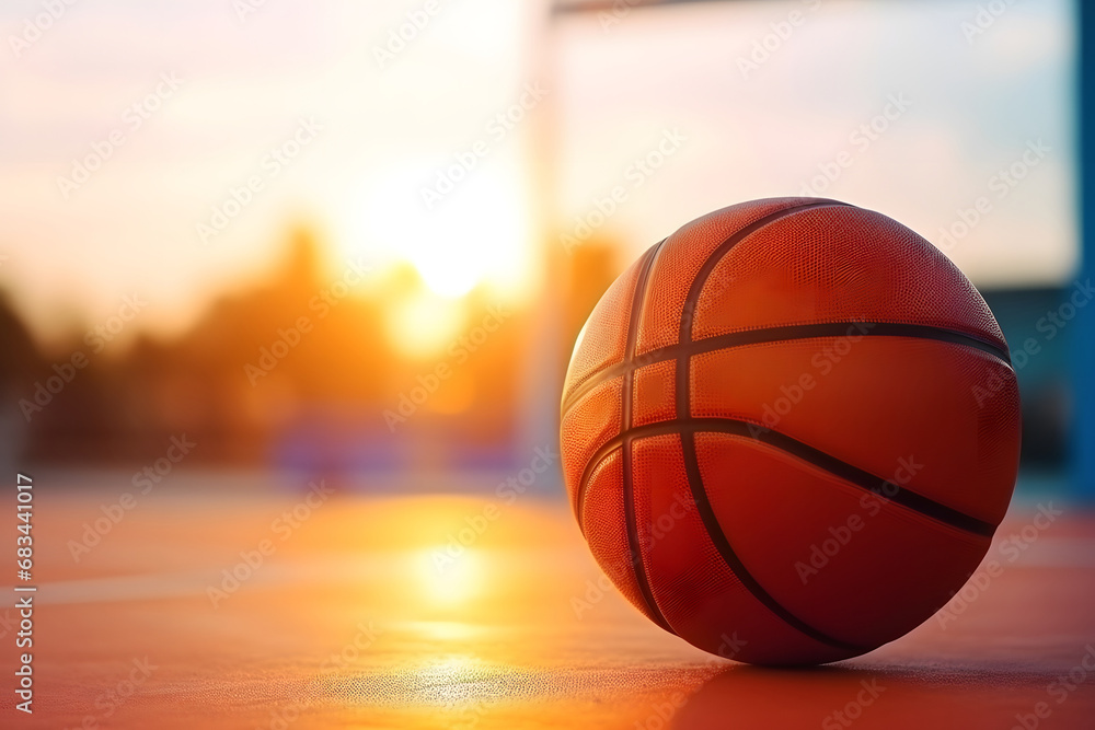 Basketball ball on the ground. Close-up ball on the red court. Basketball on the street or indoor court.