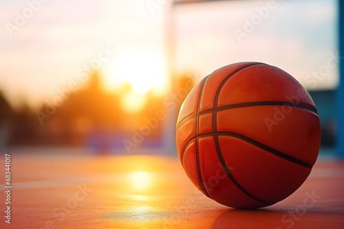 Basketball ball on the ground. Close-up ball on the red court. Basketball on the street or indoor court. © katobonsai