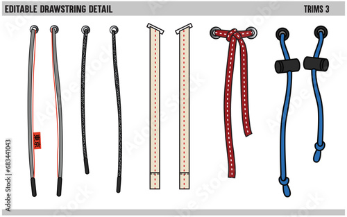 DRAWSTRING CORD FLAT SKETCH SET OF DRAW STRING WITH AGLETS FOR WAIST BAND, BAGS, SHOES, JACKETS, SHORTS, PANTS, DRESS GARMENTS, DRAWCORD AGLETS FOR CLOTHING AND ACCESSORIES VECTOR ILLUSTRATION