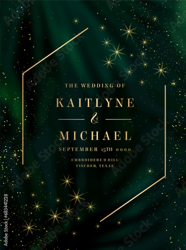 Emerald greenery exotic foliage vector background. Green tropical trees wedding invitation. Leaves card texture
