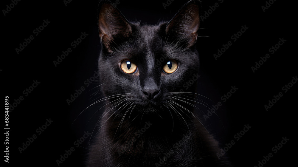 Full face portrait of a black cat on a black background.