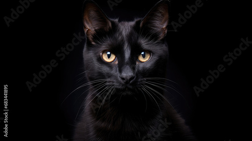 Full face portrait of a black cat on a black background. © OleksandrZastrozhnov