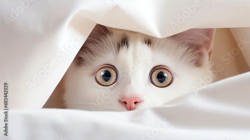 A white cat looks out from under the blanket on the bed.