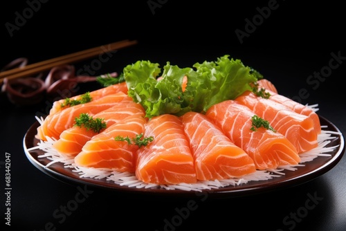 Salmon holding a photograph of salmon sashimi, Japanese food, most popular at this time, white background