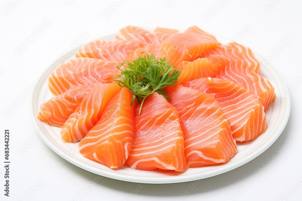 Salmon holding a photograph of salmon sashimi, Japanese food, most popular at this time, white background