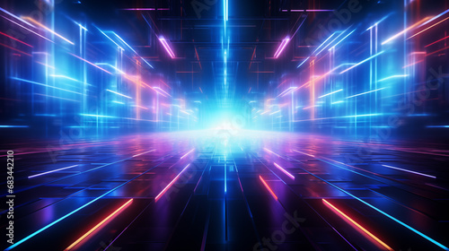 Futuristic street or datacenter - abstract 3d illustration. Fractal - digital art. Composition of glass blocks with perspective and light effects. Information technology or sci fi concept.