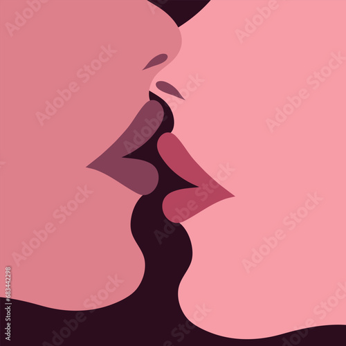 Close up portrait of two kissing women. Lesbian couple kissing. Women lips kissing. Vector illustration