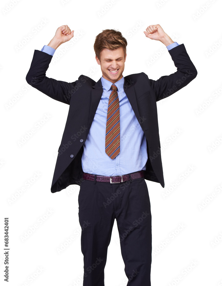 Business man, winner and fist in studio success, job achievement or winning of bonus, sales or profit. Excited corporate worker with cheers, yes and celebration or opportunity on a white background Business man, winner and fist in studio success, job achievement or winning of bonus, sales or profit. Excited corporate worker with cheers, yes and celebration or opportunity on a white background