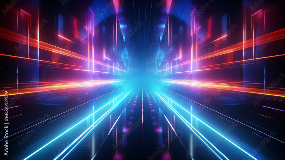 Abstract technology futuristic glowing neon blue and pink light lines with speed motion moving on dark blue background	