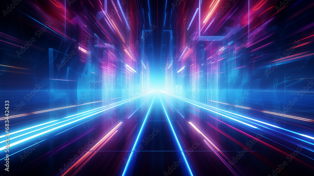 Abstract technology futuristic glowing neon blue and pink light lines with speed motion moving on dark blue background	